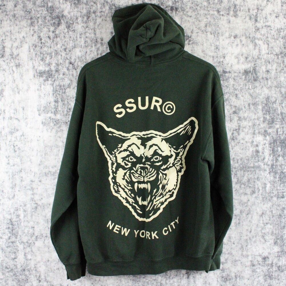 SSUR Mens Size L Green Hoodie Wolf New York City Sweater Long Sleeve Faded
